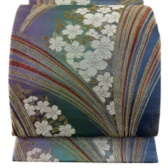 【美品】 袋帯 秀品 振袖向き 桜 幾何学模様 金糸 箔 青緑 六通 正絹 【中古】