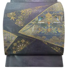 袋帯 秀品 鳳凰 花唐草 金糸 刺繍 灰紫 お太鼓柄 正絹 【中古】