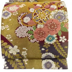 袋帯 秀品 振袖向き 桜 桜の花びら 金銀糸 刺繍 金色 六通 正絹 【中古】
