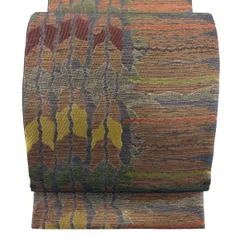 【美品】 袋帯 名品 幾何学模様 金通し 茶色 六通 正絹 【中古】