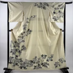 【美品】 訪問着 身丈163cm 裄丈65cm M 袷 牛首紬地 落款 草花 薄黄 正絹 逸品 【中古】