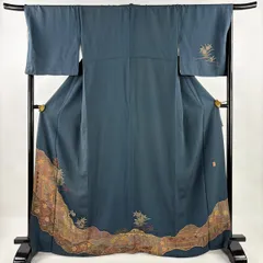 付下げ 身丈167cm 裄丈68cm L 袷 翠山工房 落款 草花 幾何学模様 金彩 絞り 灰緑 正絹 名品 【中古】のサムネイル
