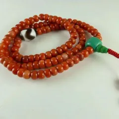 天然石マラ(数珠)　ヒマラヤ珊瑚　コーラルとズィー（天珠）　本式108珠　　チベット仏教　ネパール製