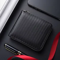 【新品】カーボンレザー 二つ折り財布 ラウンドファスナー 大容量 メンズ レディース 軽量＜ブラック＞コンパクト 持ちやすい 丈夫 光沢 高級 スタイリッシュ ソフト PUレザー 中ベラ お札 小銭入れ コインケース カード収納 クレジットカード 黒色
