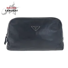 美品 PRADA プラダ 三角ロゴプレート ブラック 黒 シルバー金具 レザー ポーチ メイクポーチ 男女兼用 レディース 506141【中古】