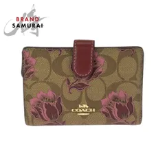 美品 COACH コーチ シグネチャー 花柄 ブラウン ボルドー ゴールド金具 レザー 折り財布 コンパクトウォレット レディース 600106【中古】