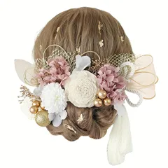 Bud Flower バドフラワー 髪飾り ナチュラル リボン タッセル ドライフラワー 成人式 卒業式 水引 金箔 和装 振袖 袴 ヘッドドレス 結婚式 七五三 hair-205 (ピンクベージュ) 0