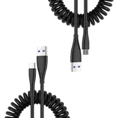 USB C 伸縮 ケーブル Type-C 3A急速充電 USB-C コイル型 高耐久性 データ転送 ブラック 90度曲げ QC3.0 タイプC PU素材 0.5Mから1.5Mまで USB2.0データ転送 コイル状
