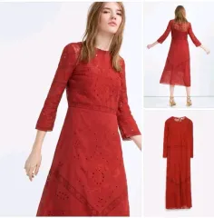 ZARA ザラ レッド エンブロイダリー エンブロイダリー レース シースルー Long ロング ONE PIECE sサイズ