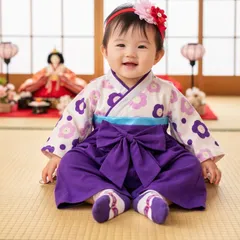 【70cm】袴ロンパース 紫 百日祝い お食い初め 初節句 女の子ヘアバンド付き ひな祭り 即日発送可能