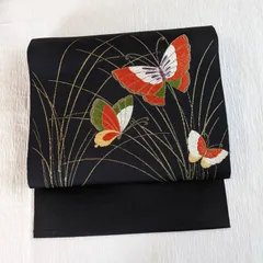 美品★名古屋帯 蝶々 黒 カジュアル 春 和装小物 正絹 311