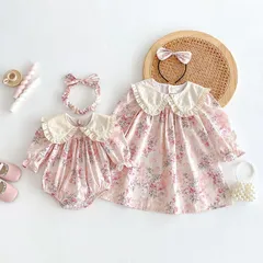 キッズ花柄ワンピース女の子ベビー赤ちゃんロンパース子供服ドレス1 ガーリー70 80 90 100 110 120 130 140かわいいナチュラル長袖おしゃれフリル可愛い上品お出かけSNS映え記念撮影【arc】
