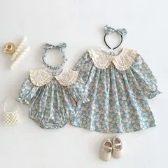 キッズ花柄ワンピース女の子ベビー赤ちゃんロンパース子供服ドレス2 ガーリー70 80 90 100 110 120 130 140かわいいナチュラル長袖おしゃれフリル可愛い上品お出かけSNS映え記念撮影【arc】