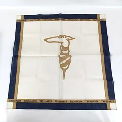 TRUSSARDI トラサルディ ハンカチ スカーフ ロゴプリント デカロゴ 犬 ホワイト系 縁ネイビー系 ブランド 美品 メンズ レディース