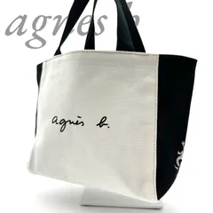 【B4783】agnes b. アニエスベー トートバッグ キャンバス ホワイト ブラック モノトーン スクエア ロゴ ユニセックス マチ有