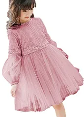 Puchihapi(プチハピ) バルーン 袖 シースルー ふんわり フレア シフォン ワンピース キッズ (ピンク（長袖）,  140cm（日本サイズ130cm）)