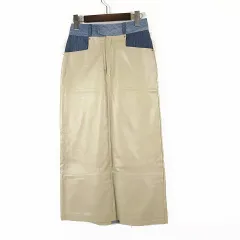 リリーブラウン Lily Brown レザー スイッチ デニムスカート ロング 異素材 切替 セミタイト M 1 ベージュ インディゴブルー