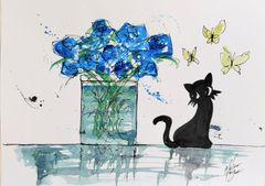 原画#383 黒猫 猫 窓 雨 フランス 水彩画 ドローイング インテリア
