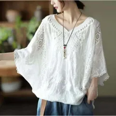 レディースシャツ（ホワイト/フリーサイズ）春夏秋シンプル花柄幾何学しぼり