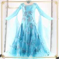 社交ダンス 衣装 スタンダードドレス ワンピース ドレス フロート レース 水色 フリル レース デモ 競技 ダンス パーティ 発表会 シルバー ブルー系 フロート さわやか イベント用 ダンス衣装 エレガント パフォーマンス