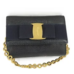 Salvatore Ferragamo チェーン ショルダーバッグ ヴァラリボン レザー ネイビー