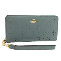 COACH ラウンドファスナー長財布 パンチング フラワー レザー ブルーグリーン CA065