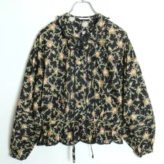 【美品】ピンクハウス★華やかなフラワー総柄が可愛い♪ 裾スカラップ長袖ブラウス ボタン前開き 黒系 z18118