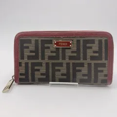 FENDI（フェンディ）ズッカ柄 ラウンドファスナー長財布 レディース ブラウン キャンバス レッド系レザー ゴールドトーン金具