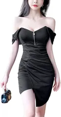 Takusan Shopping ミニドレス キャバ オフショルダー 胸元セクシー ミニワンピース ミニタイト アシンメトリー カシュクール きれいめ (ブラック,  9)