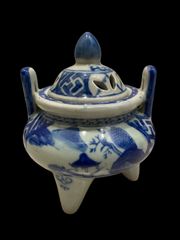 染付 獅子摘み 蓋付き 陶器 鉢 付 香炉 花瓶壺 中国 乾隆年製 唐物