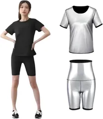 カロモンテ サウナスーツ 上下 セット レディース 半袖 5分丈 パンツ 洗濯可 スパッツ 発汗 ダイエット ランニング 筋トレ インナー ジム ジョギング (ブラック/シルバー,  XL)