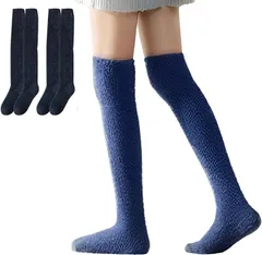 YasYouRi ルームソックス ニーハイ もこもこ 靴下 2足組 極厚 あったか 冬用 暖かい 防寒 ふわふわ ロングボア 就寝 (ネイビー,  Free Size)