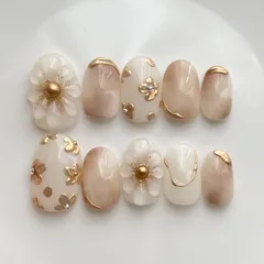 【再販】現品 no.20 ネイルチップ  振袖  成人式  卒業式  オフホワイト　ぷっくりフラワー　ミラーフラワー