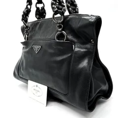 【良品】PRADA プラダ  トートバッグ ハンドバッグ 三角プレート チェーン レザー 革 ブラック 黒色 ユニセックス 男女兼用 メンズ レディース