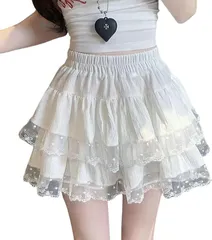 YasYouRi ティアード フリル ミニスカート レース 透け防止 ガーリー フェミニン ウエストゴム かわいい ショート丈 重ね着風 デート お出かけ 韓国風 (ホワイト,  M)