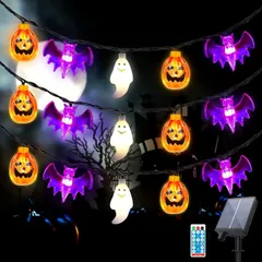 吊り下げ コウモリ お化け ストリングライト カボチャ 飾り付け Halloween キャンプ用 装飾 防水 タイマー機能 ソーラーストリングライト 屋外/室内対応 LED ハロウィンソーラーイルミネーション リモコン制御】 装飾ライト 8点灯モード ソーラー