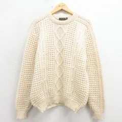 L/古着 長袖 アラン フィッシャーマン ケーブル セーター メンズ ウール クルーネック アイルランド製 生成り 26jan08