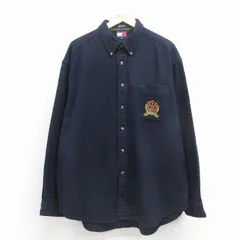 XL/古着 トミーヒルフィガー 長袖 ブランド ウール シャツ メンズ 90年代 90s ワンポイントロゴ 大きいサイズ ロング丈 ボタンダウン 濃紺 26jan08