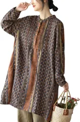 YasYouRi チュニック レディース ロングブラウス 長袖 レトロ調 リネン 麻 プルオーバー シック ゆったり 体型カバー 森ガール (ブラウン,  L)