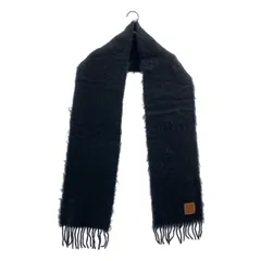 【美品】  LOEWE / ロエベ | ウール モヘヤ アナグラム ロゴレザーパッチ フリンジ ストール マフラー | ブラック | レディース