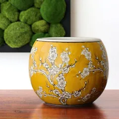 植木鉢 陶器 おしゃれ 和風 丸型 梅柄 火鉢 鉢カバー 穴なし 小型 水鉢 メダカ鉢 金魚鉢 ビオトープ 観葉植物 室内 和モダン シノワズリ ハイドロカルチャー 小さめ プランターカバー 園芸 ガーデニング 花瓶 花器 手火鉢 陶器のミニ火鉢 黄梅