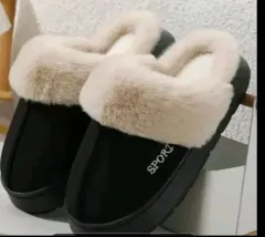 新品 黒 ファー ヒール ファー スリッパ 250-255