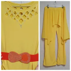 77サイズ ダンス衣装セット 黄色トップス+黄色ボトムス+ストレッチキュービックベルト