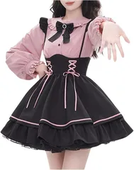 Rowaica 地雷系 服 セットアップ レディース リボン サロペット 量産型 参戦服 ガーリー系 ブラウス スカート 2点セット (長袖,  L)
