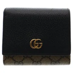 GUCCI (グッチ) 三つ折り財布 GGマーモント GGスプリーム 三つ折り財布 コンパクトウォレット コインケース ブラック×ベージュ ゴールド金具 レザー×PVC 598587