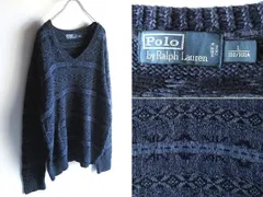 Polo by Ralph Lauren ラルフローレン コットンシルクリネン ネイティブ柄 Vネックニット セーター L ネイビー ブルー 紺 青 国内正規品