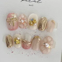 現品　no.16  ネイルチップ  振袖  成人式  和装　ピンク系　ぷっくりフラワー　ミラー　うねうね