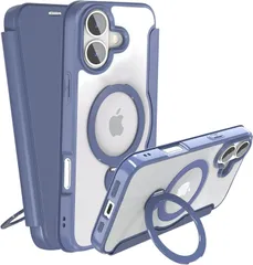 2M66 iPhone 16 用 ケース 手帳型 カード収納 背面クリア MagSafe対応 リング付き 360°回転スタンド軽い 薄型 耐衝撃 全面保護 縦横両対応 レザー素材 マグセーフ対応 おしゃれ 青