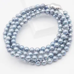 Q625 本真珠 6.5-6.1ｍｍ珠 パール SV925刻印 ロング ネックレス ブルー系カラー デザイン シルバー 6月誕生石