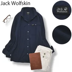 【美品】 ジャックウルフスキン Jack Wolfskin 長袖 オーガニック コットン シャツ シングルポケット ラウンドヘム L ネイビー アウトドア カジュアル シティールック メンズのサムネイル